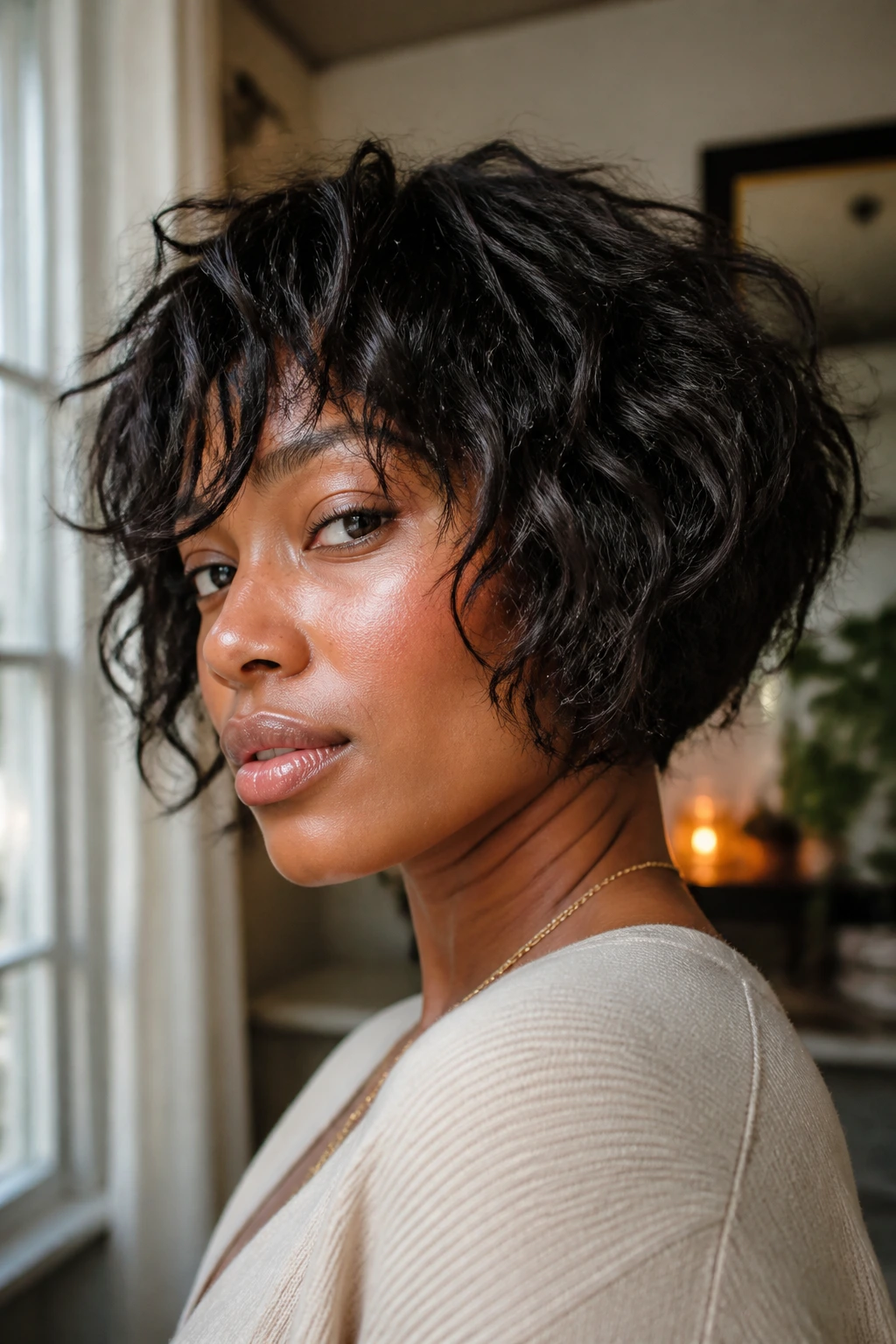 Portrait of real woman with textured shag-bob stack in natural window light