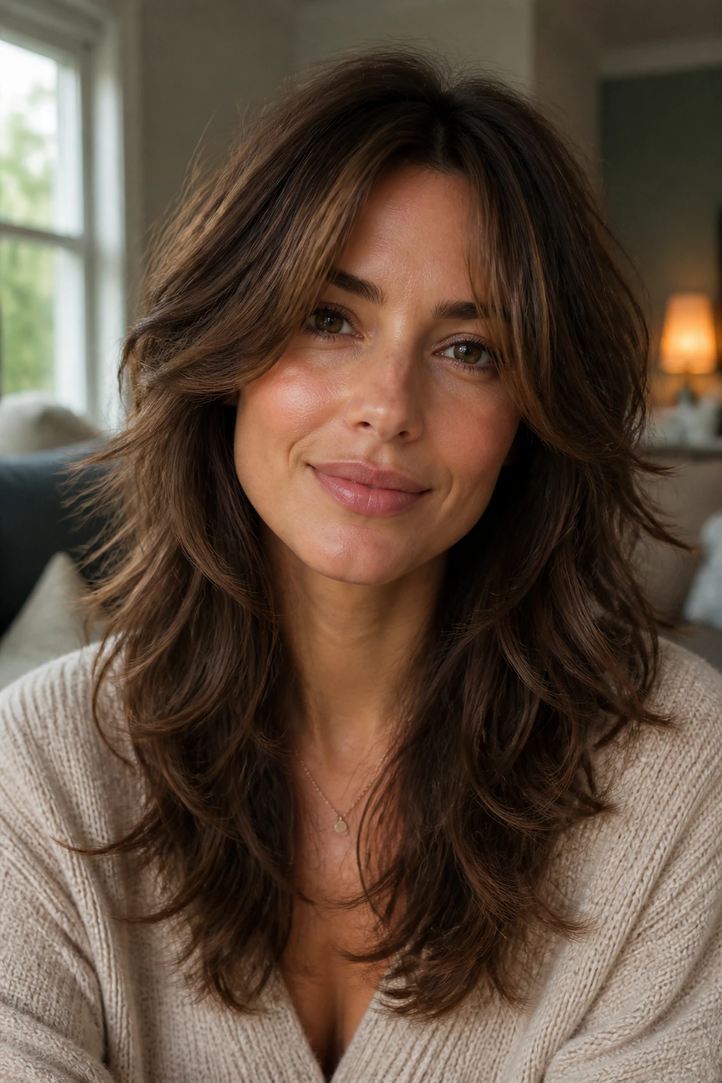 Portrait of a woman with textured shag V-cut showing internal layers