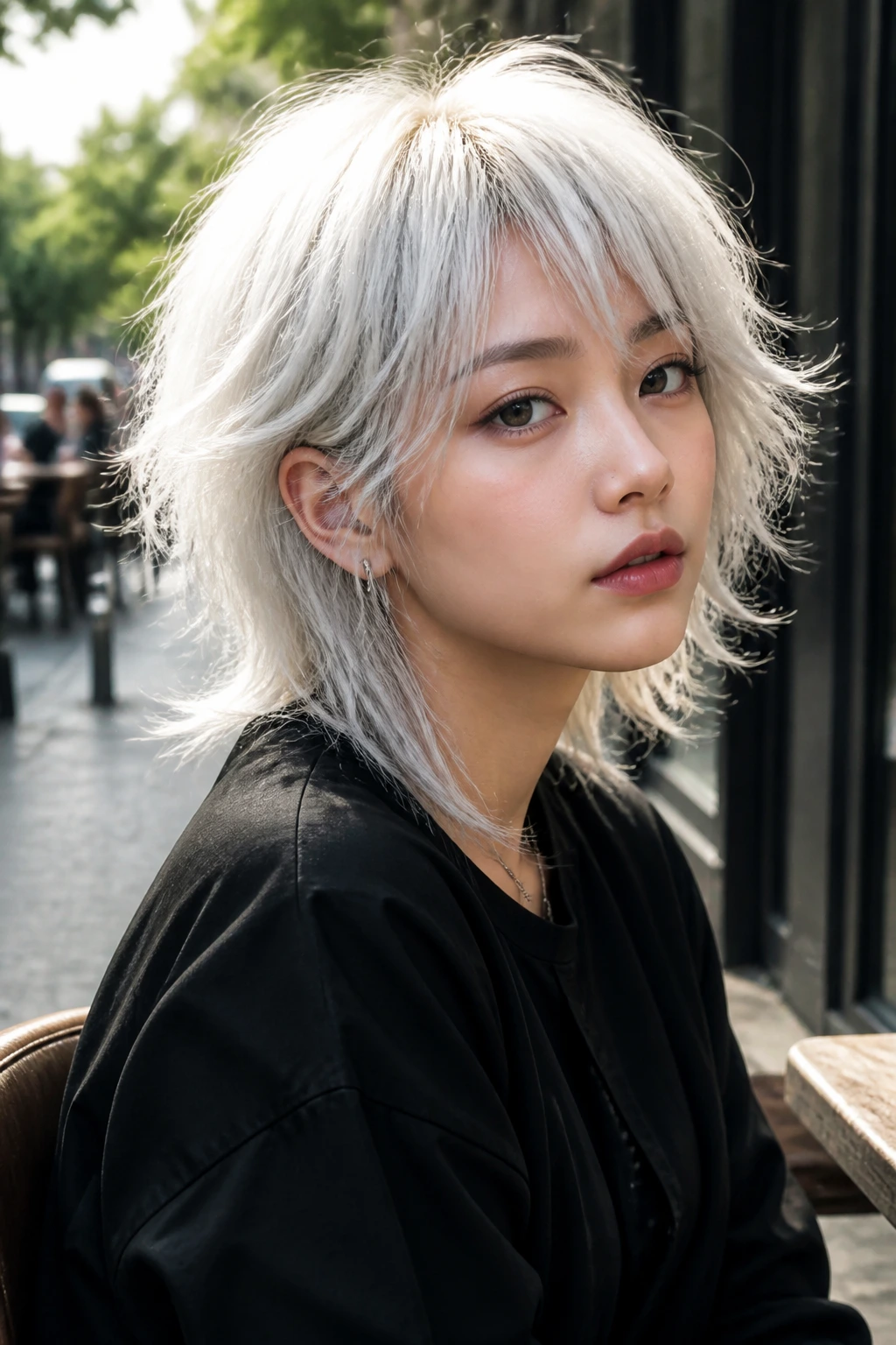 Portrait of Asian woman with textured shag cut white hair