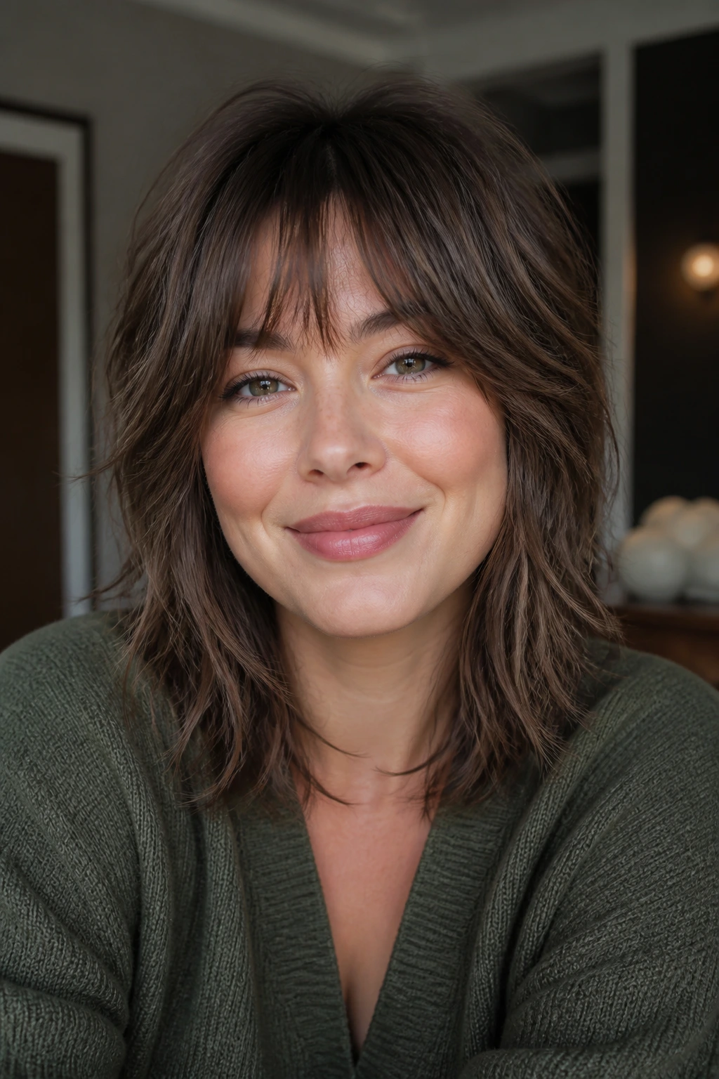 Portrait of a real woman with a textured shag and wispy bangs.
