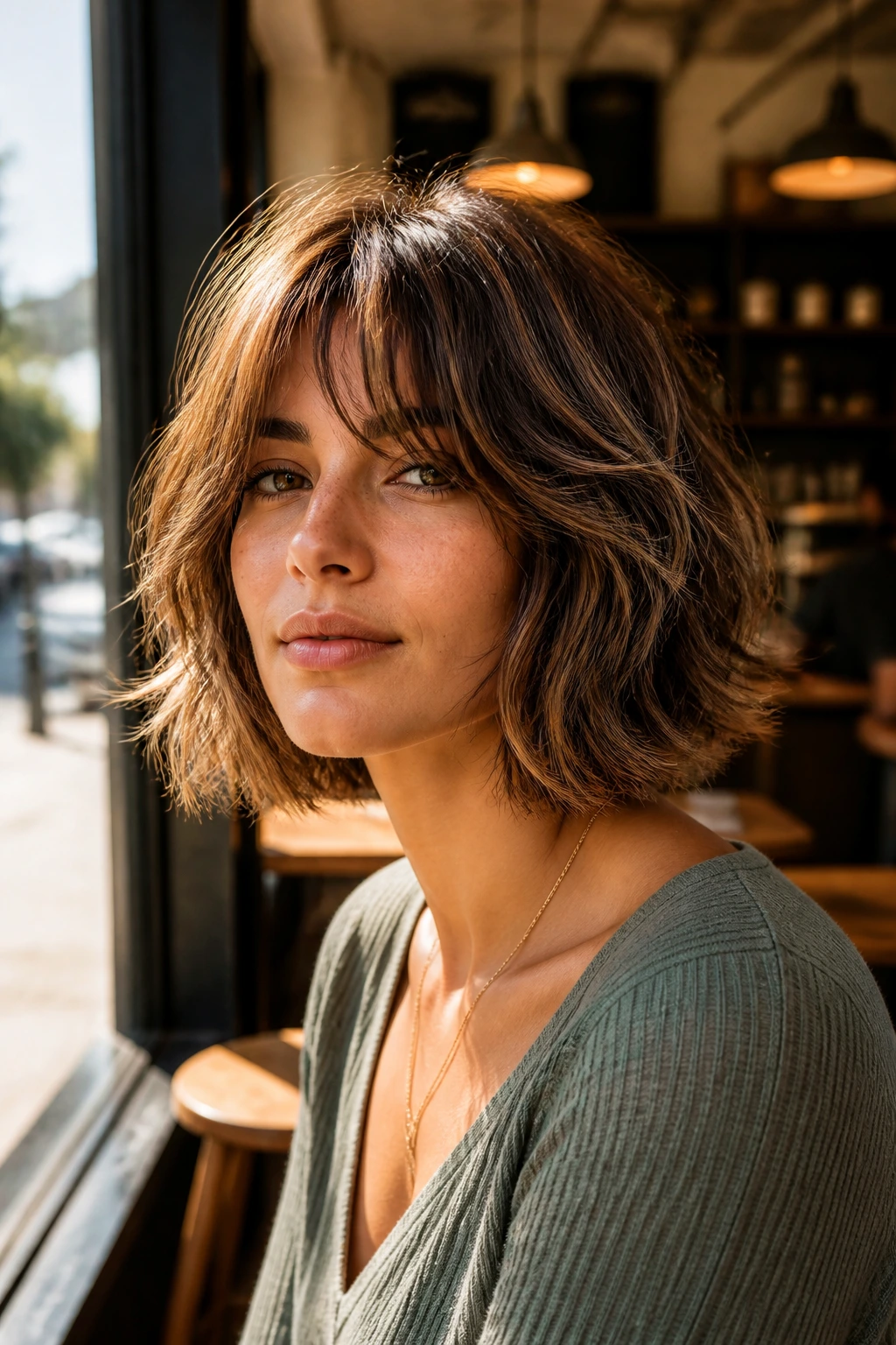 Close-up of a woman with textured shaggy bob and curtain bangs in sunlit cafe