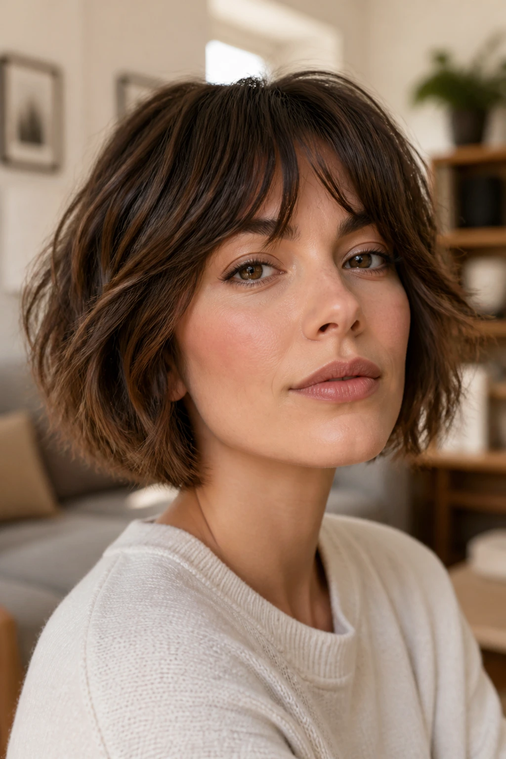 Close-up portrait of a real woman with a classic textured shaggy bob and curtain bangs