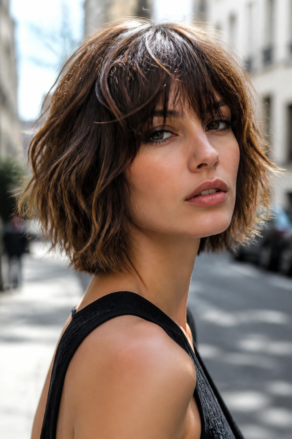 Close-up of a real woman with a textured shaggy bob on an urban street