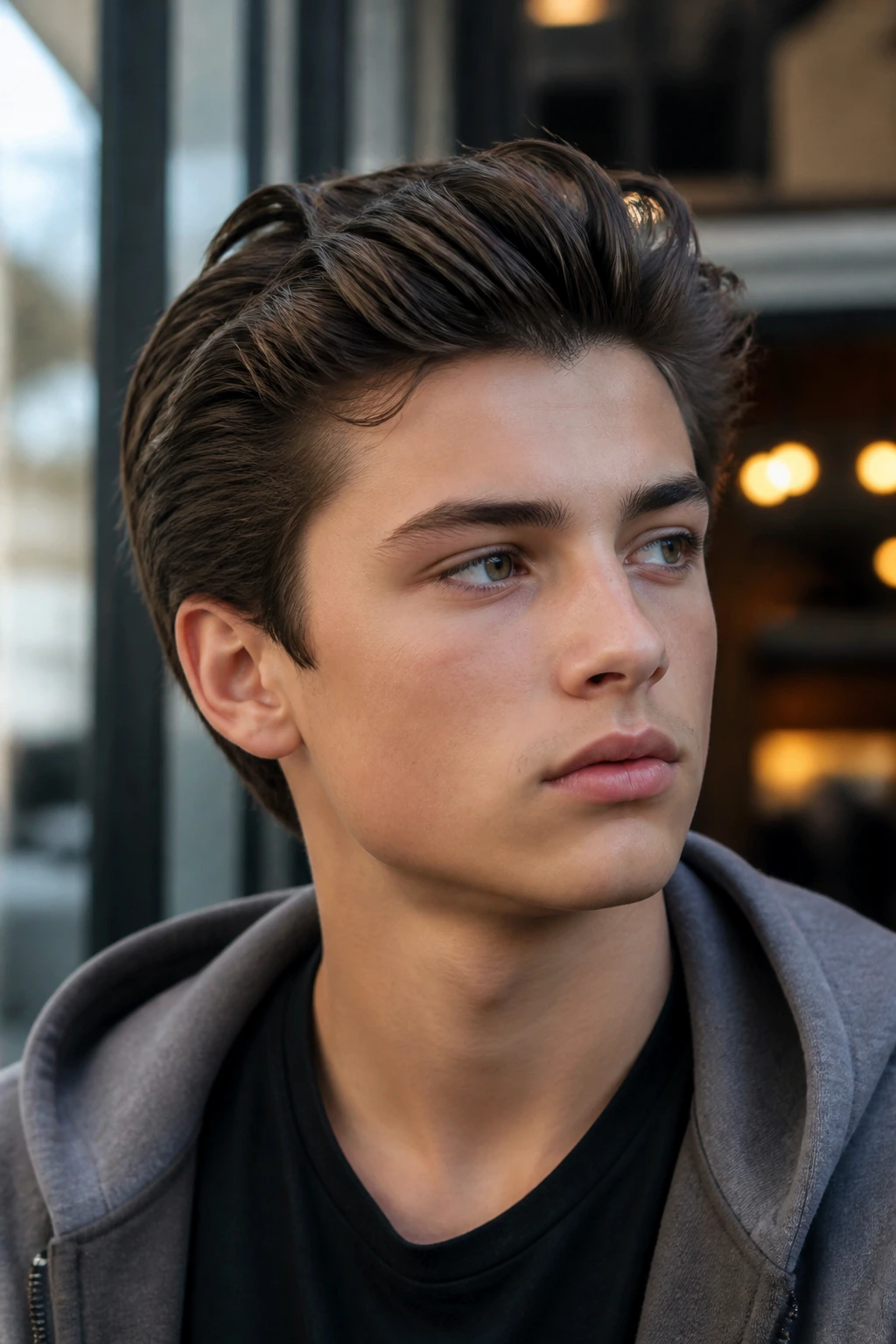 Close-up of a teen with back-swept textured hair and natural daylight.