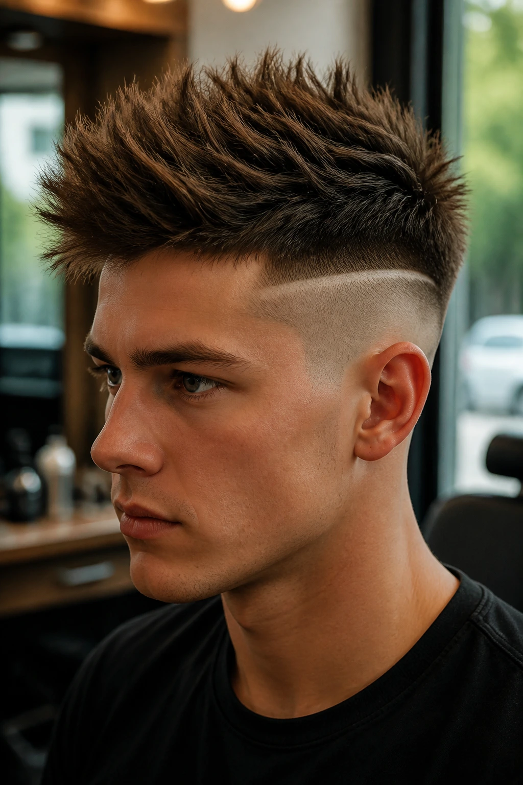 Close-up portrait of textured spikes with disconnected sides haircut on a real person