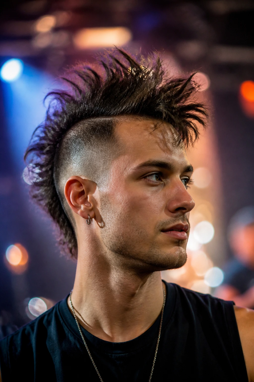 Real person with textured spiky mohawk under live venue lighting