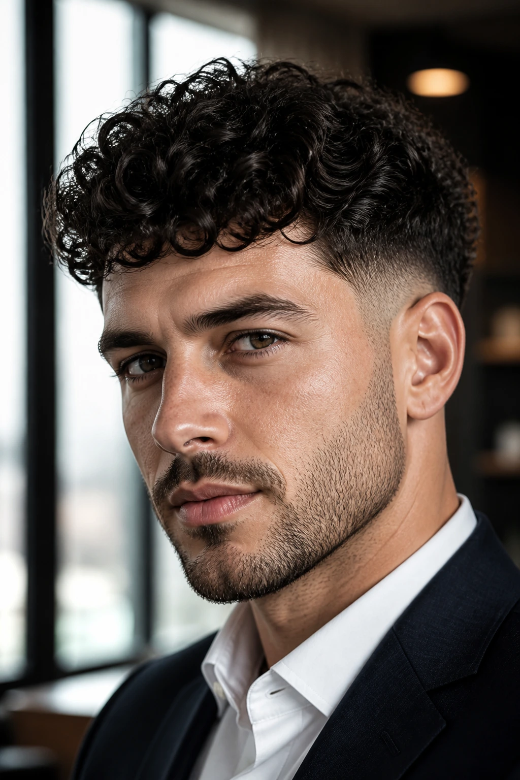 Close-up of a man with a modern textured taper haircut in office window light