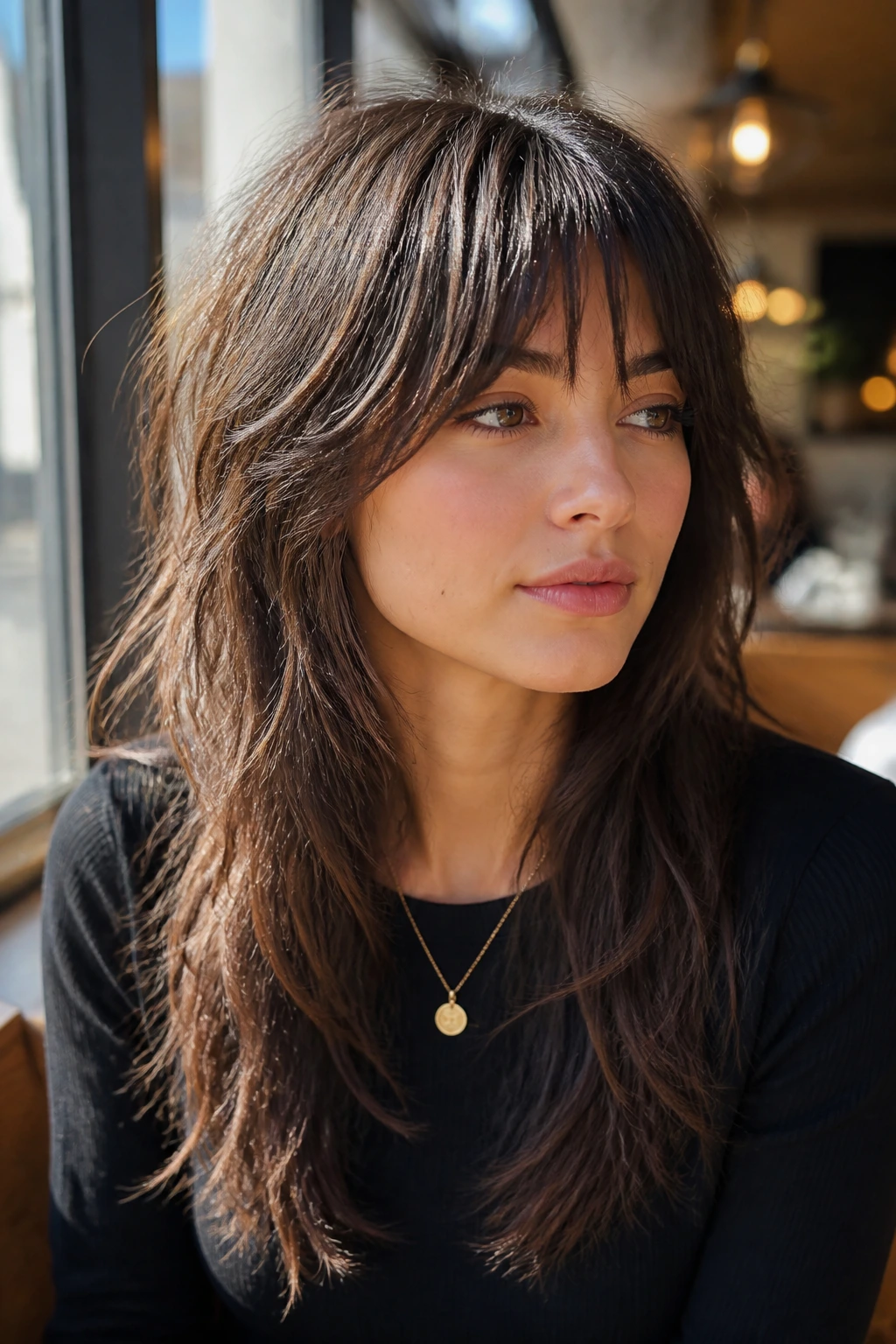Close-up of a real woman with textured V-cut and wispy bangs in cafe light