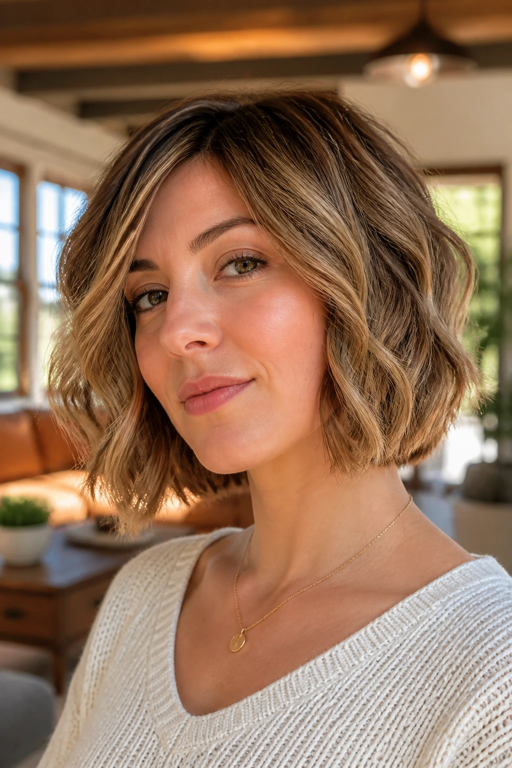Real woman with textured wavy A-Line showing layered waves in a sunlit living room