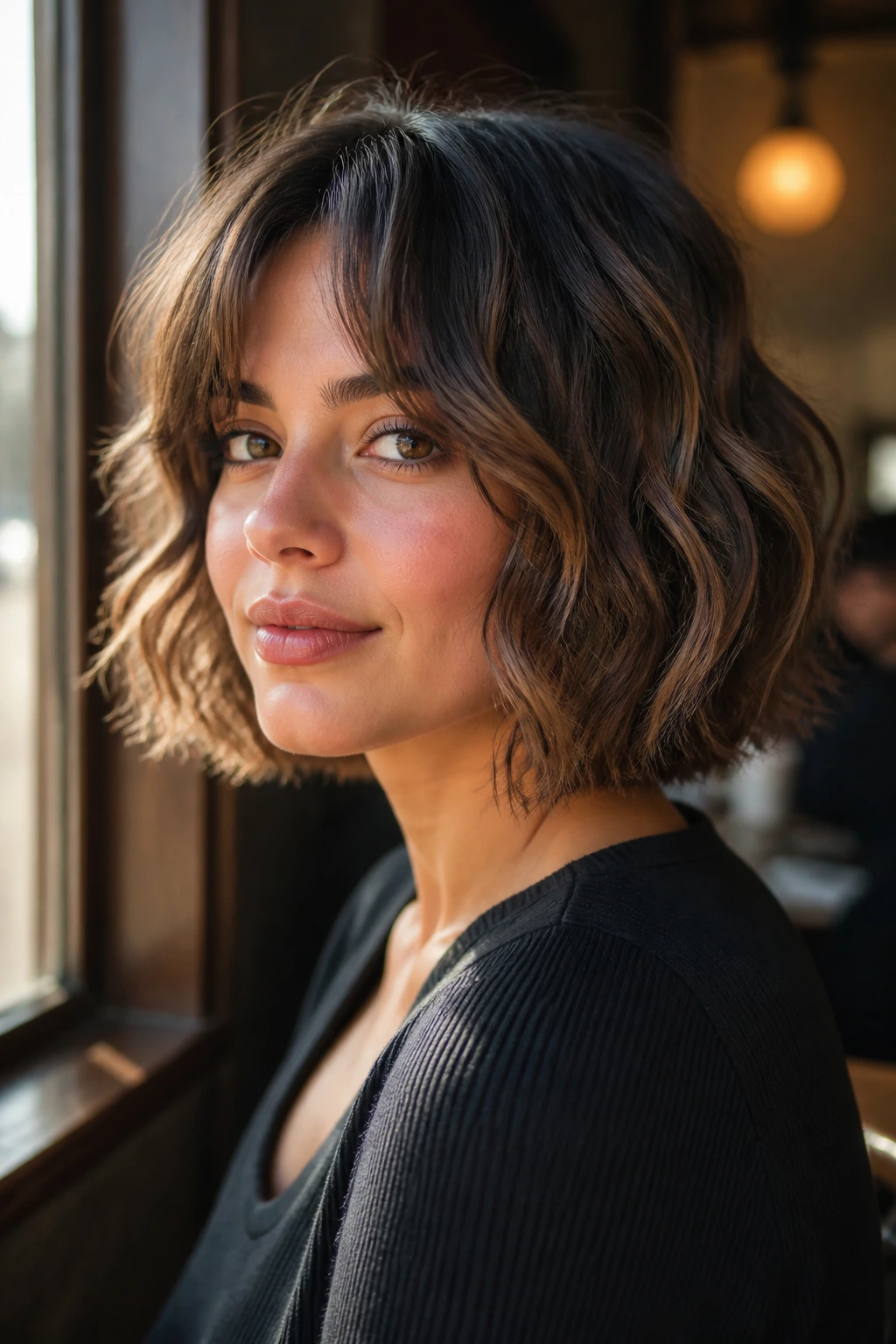 Portrait of a woman with textured waves and curtain bangs