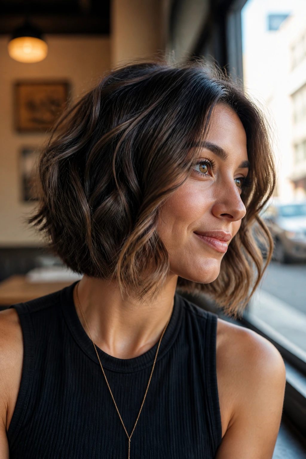 Close-up portrait of a real woman with a textured wavy angled bob.