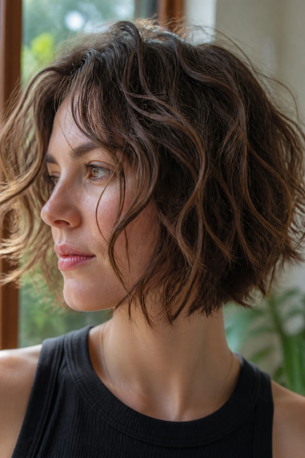 Close-up of a real person with an over-textured wavy bob showing pronounced texture.