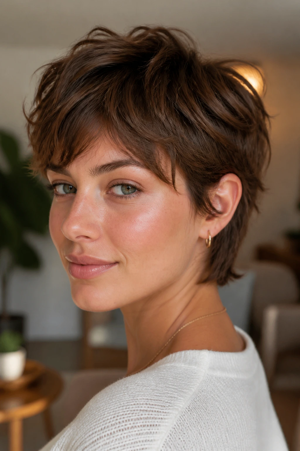 Close-up of a real woman with textured pixie-bob hairstyle.