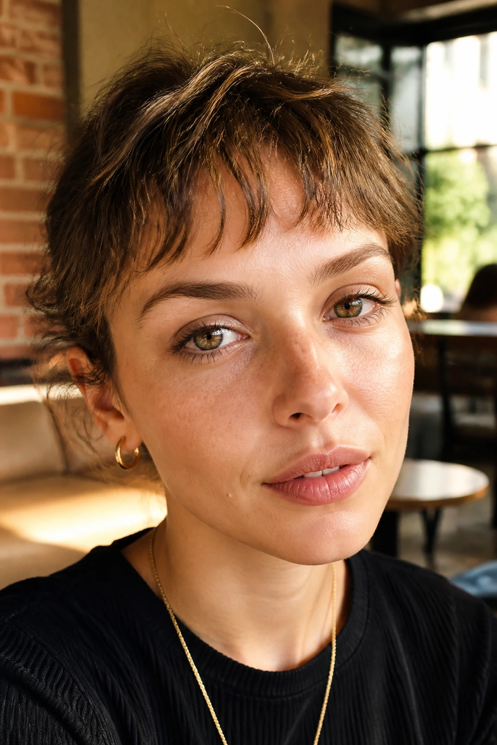 Close-up of a woman with texturised baby bangs in a sunlit cafe