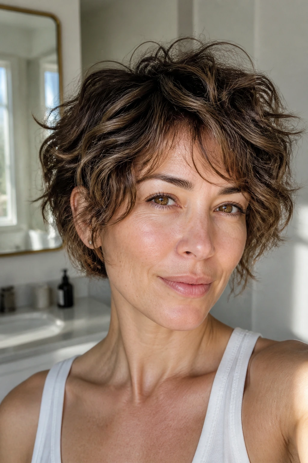 Close-up of a real woman with a texturized choppy stack for added volume