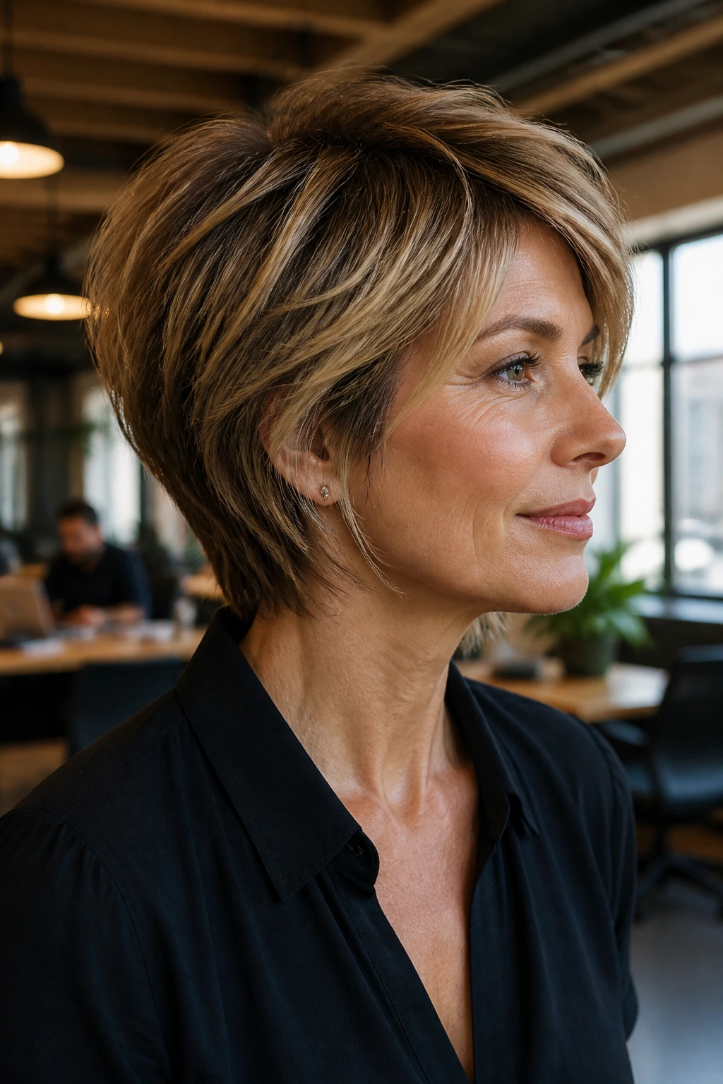 Portrait of a woman with a texturized choppy stack hairstyle in a modern coworking space