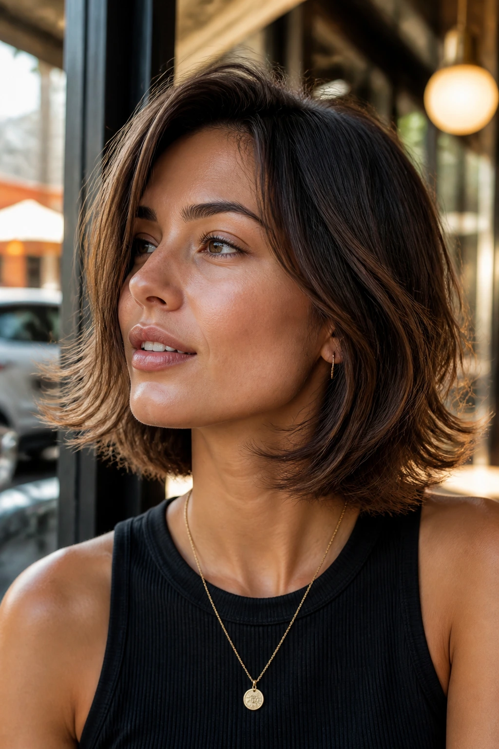 Portrait of a woman with textured Italian bob and flicked ends at a cafe