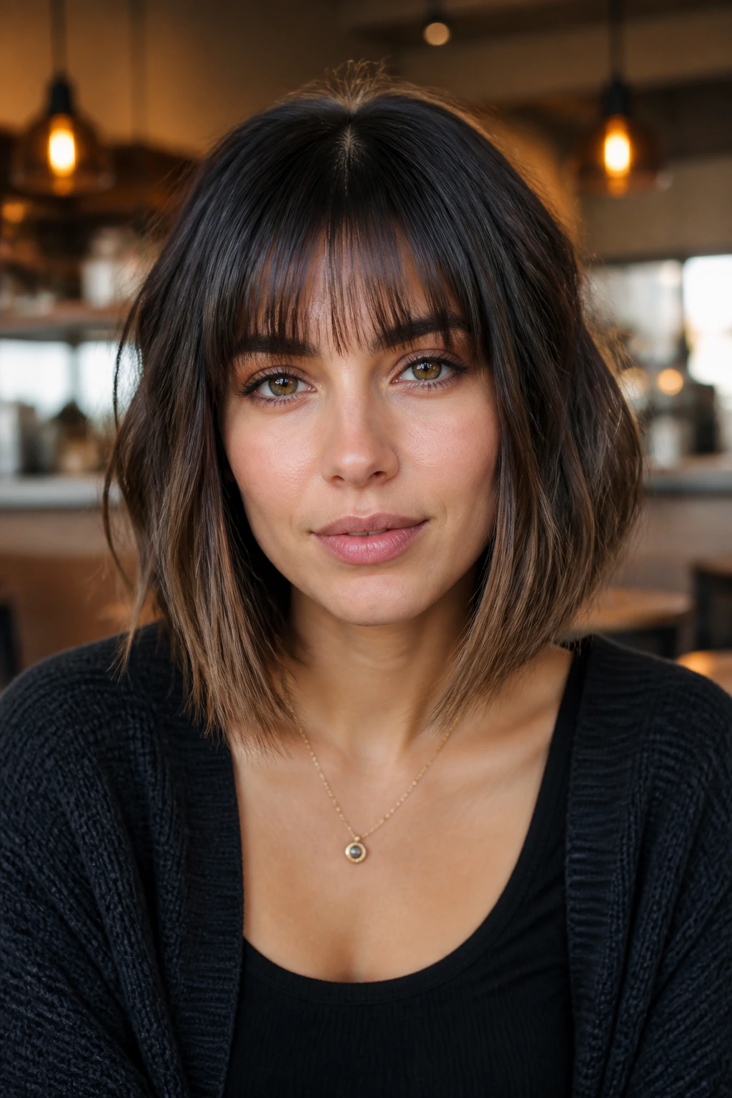 Close-up of a real woman with a textured lob and blunt fringe