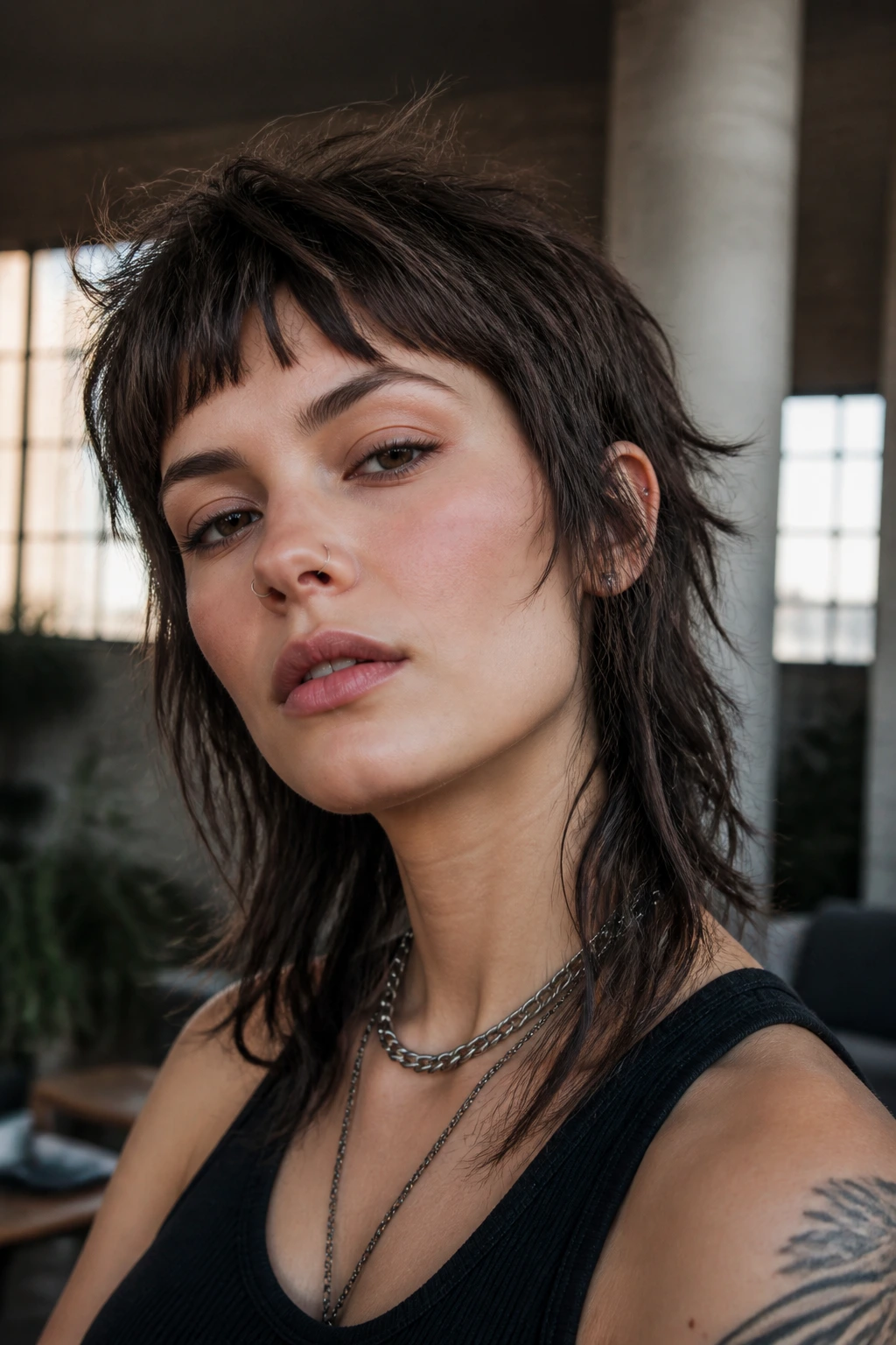 Portrait of a person with textured shullet and baby bangs