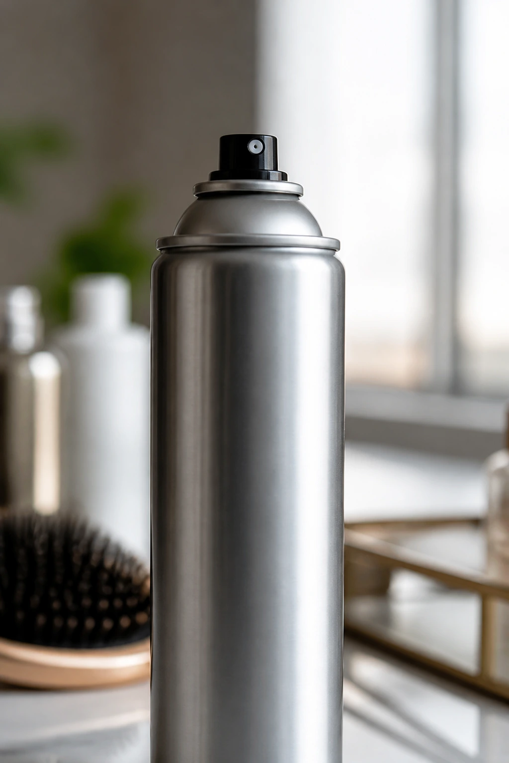 Texturizing dry shampoo spray can on a bathroom vanity