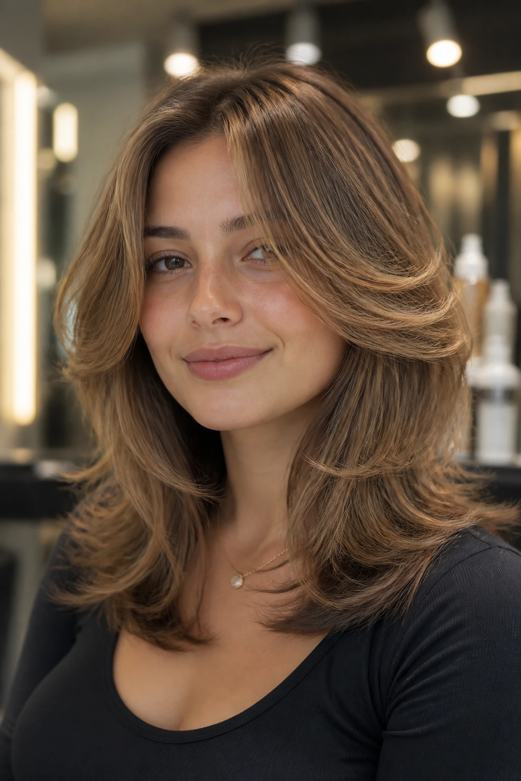 Close-up of a real person showing feathered ends and layered perimeter for light sides