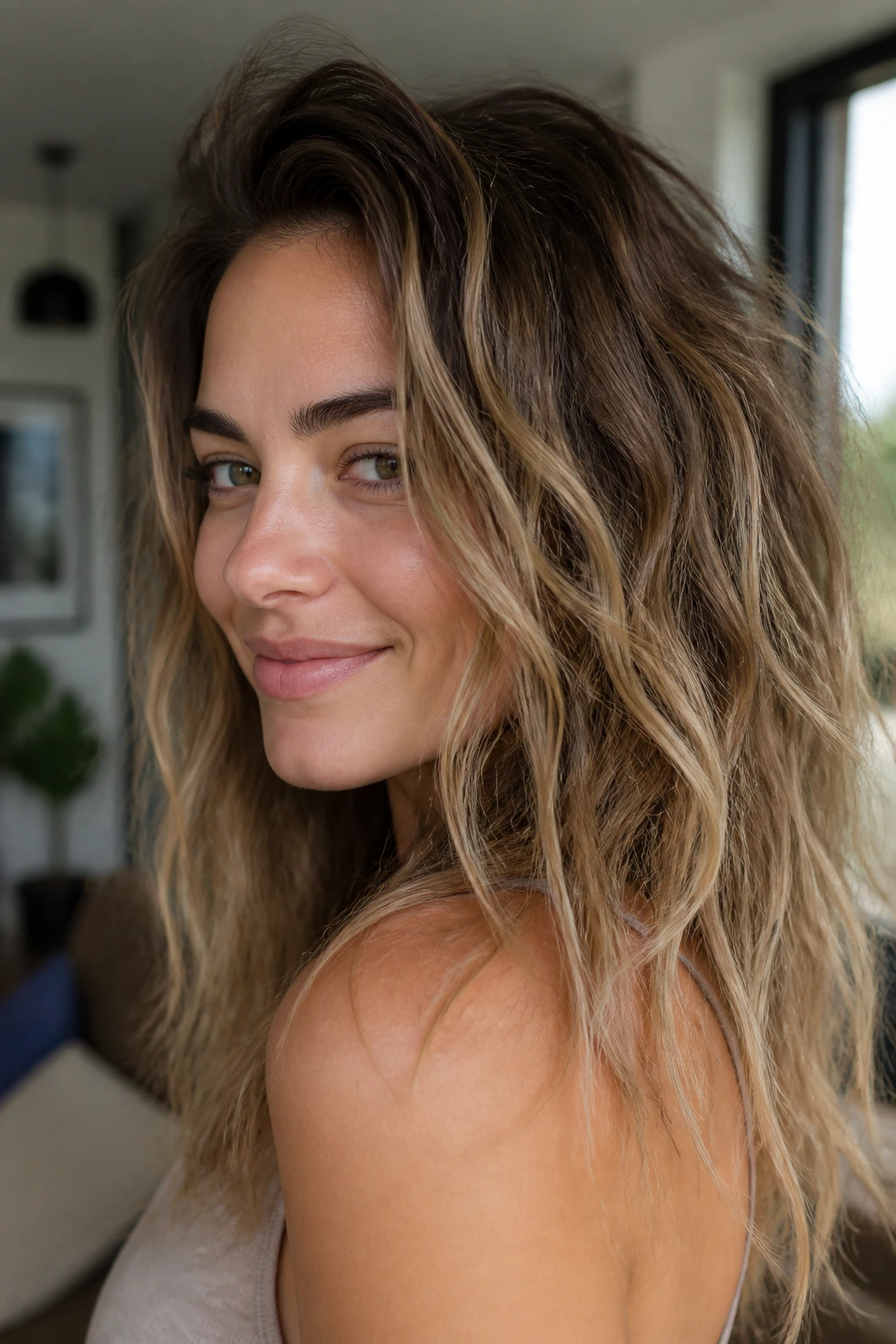 Beachy textured hair with natural-looking texture.