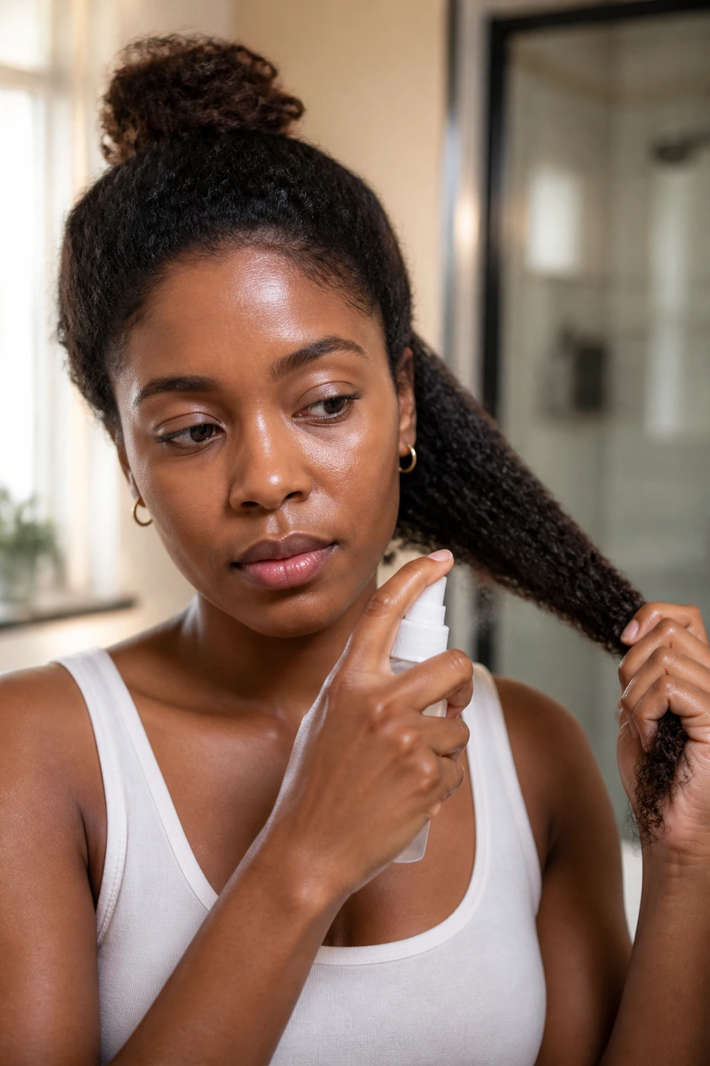 Close-up of a woman applying thermal protectant spray to hair