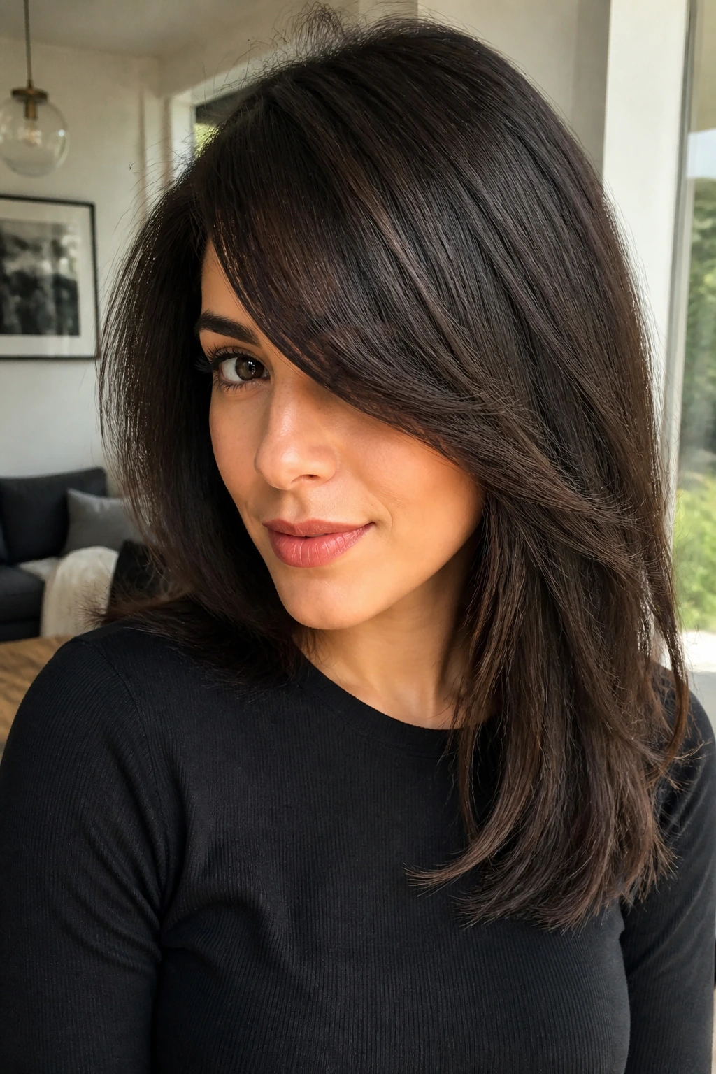 Close-up of a real person with thick angled side bangs under natural daylight