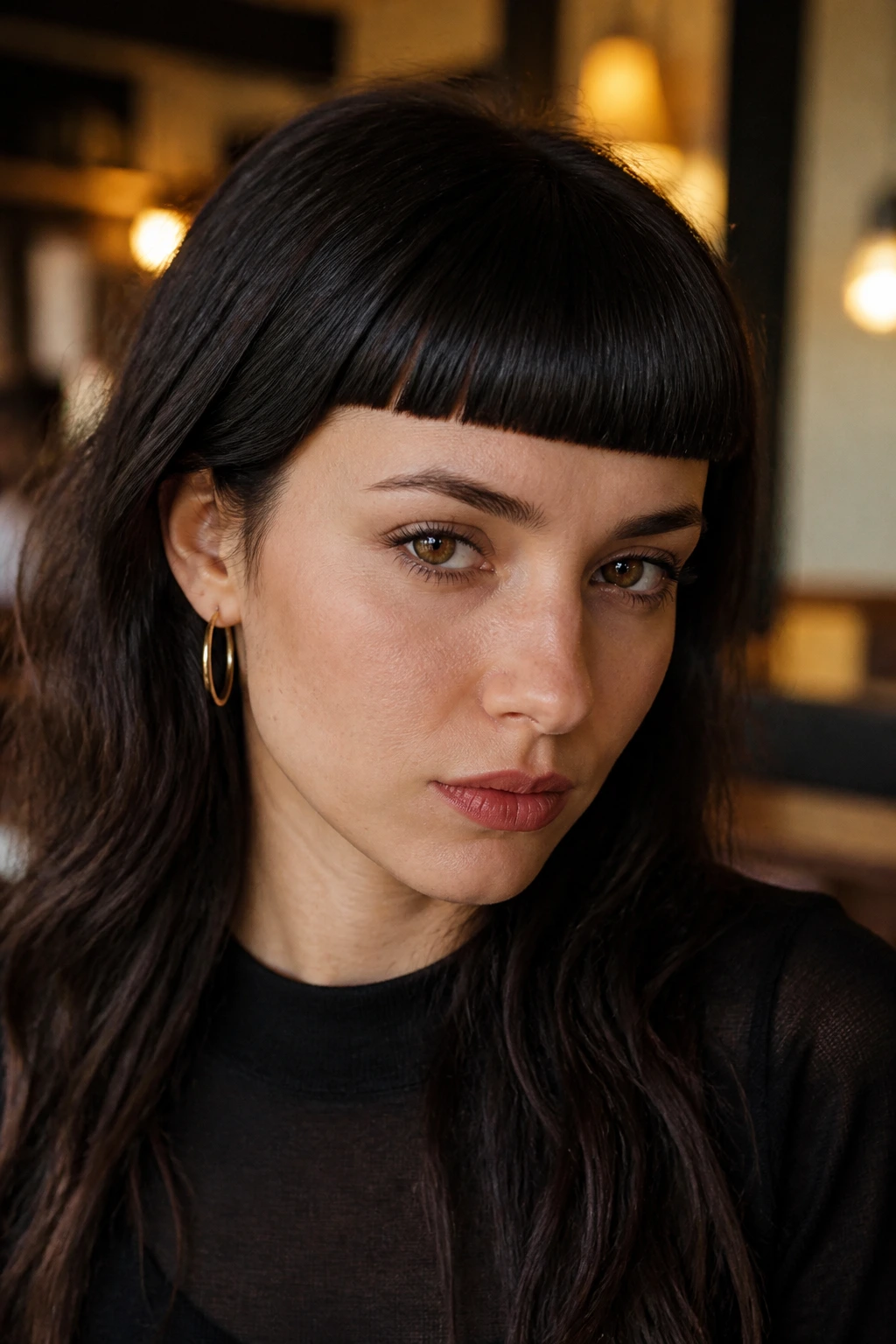 Close-up of a person with thick straight across micro bangs