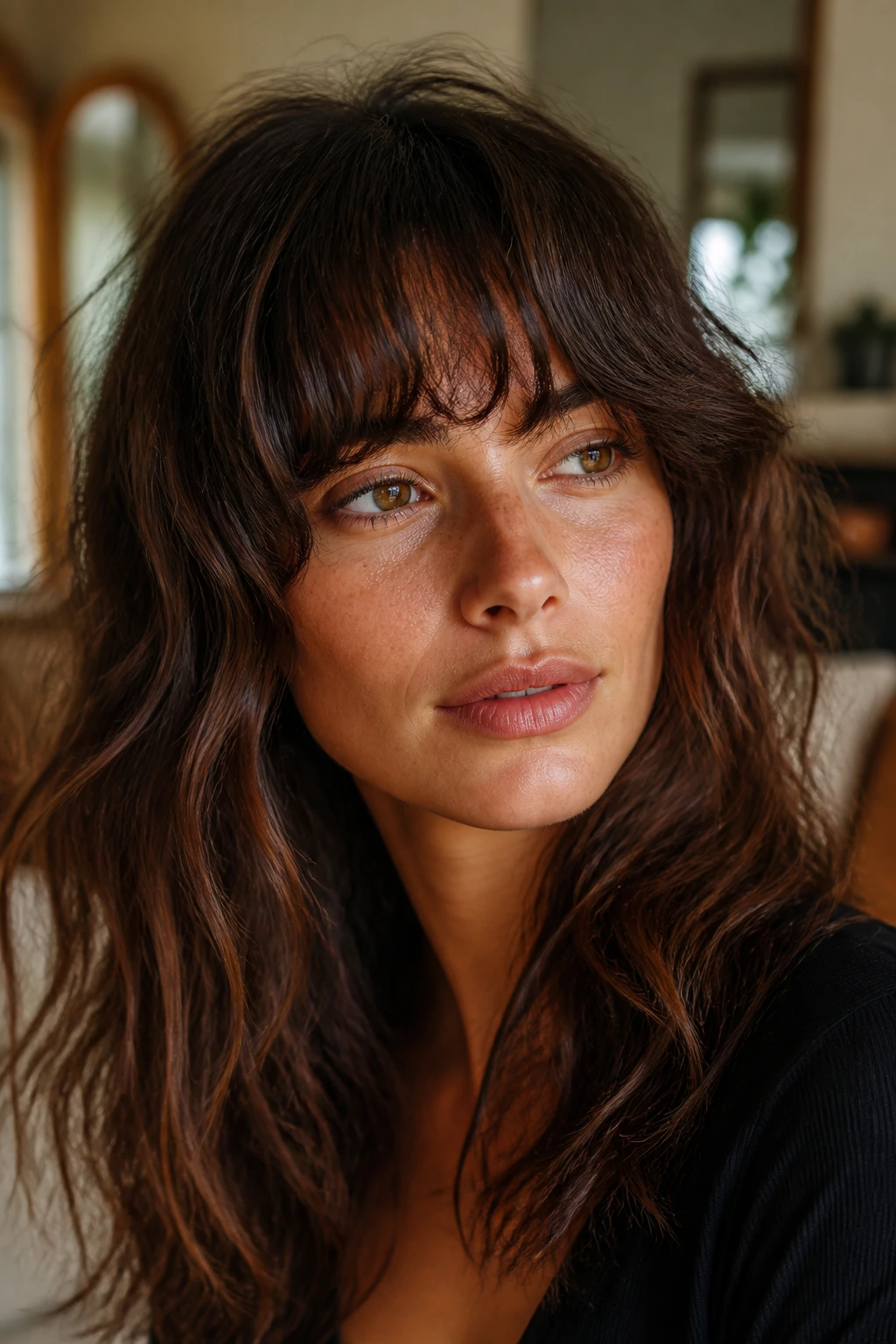 Close-up portrait of a woman with thick textured fringe and wavy bangs for an oval face.
