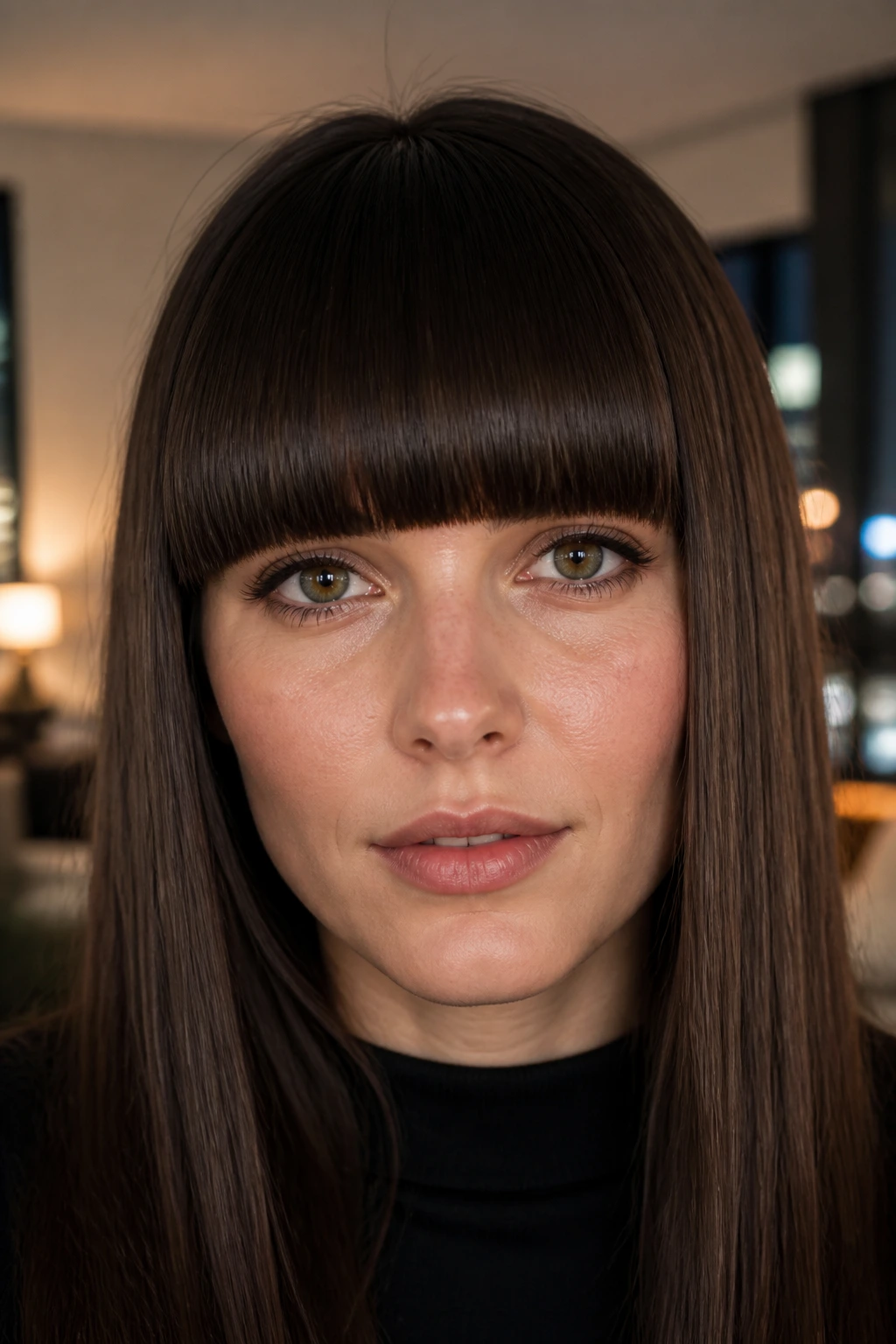 Close-up of woman with thick straight-across block bangs across the forehead