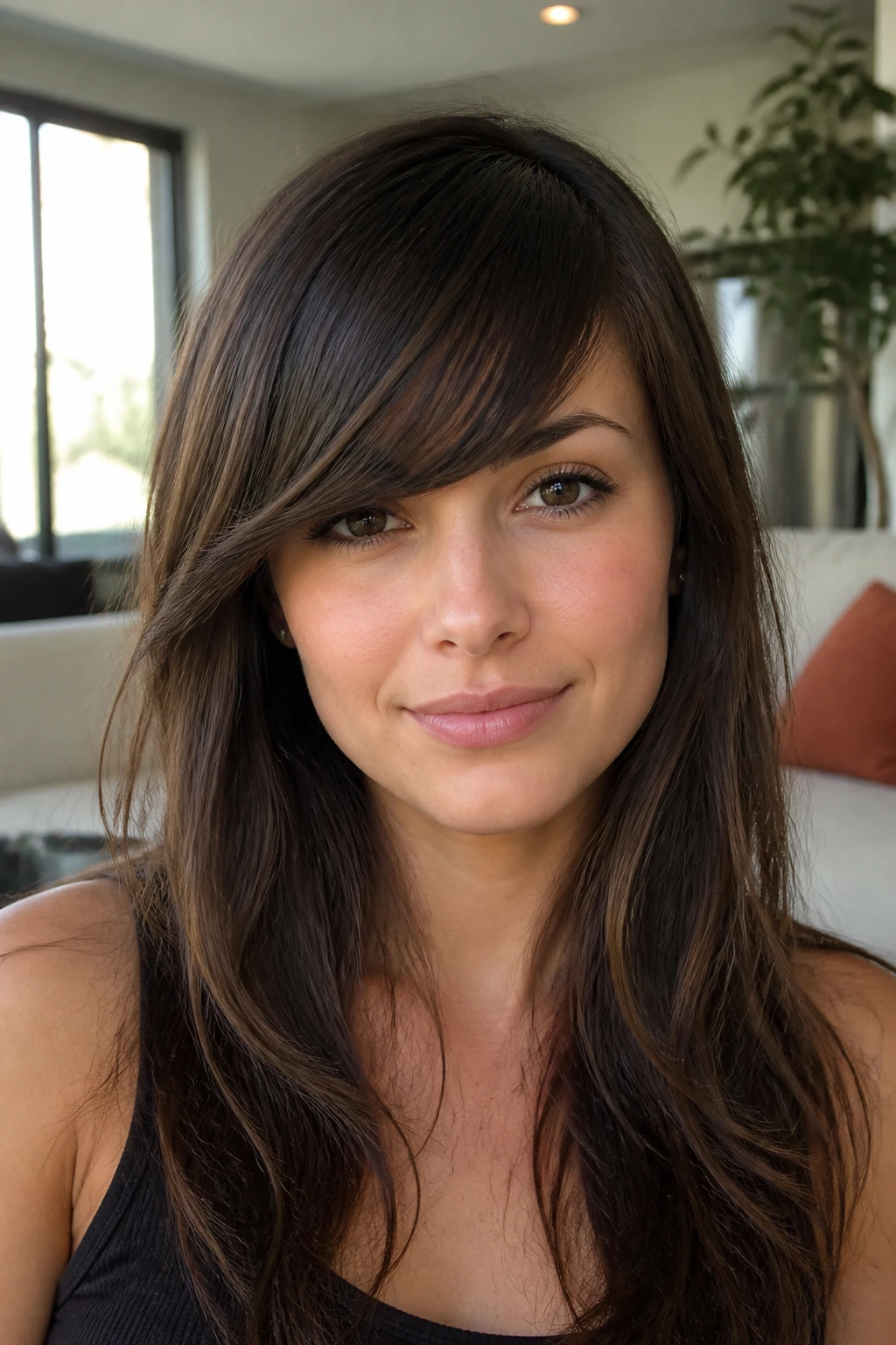 Close-up of a real person with thick blunt diagonal sweeping bangs