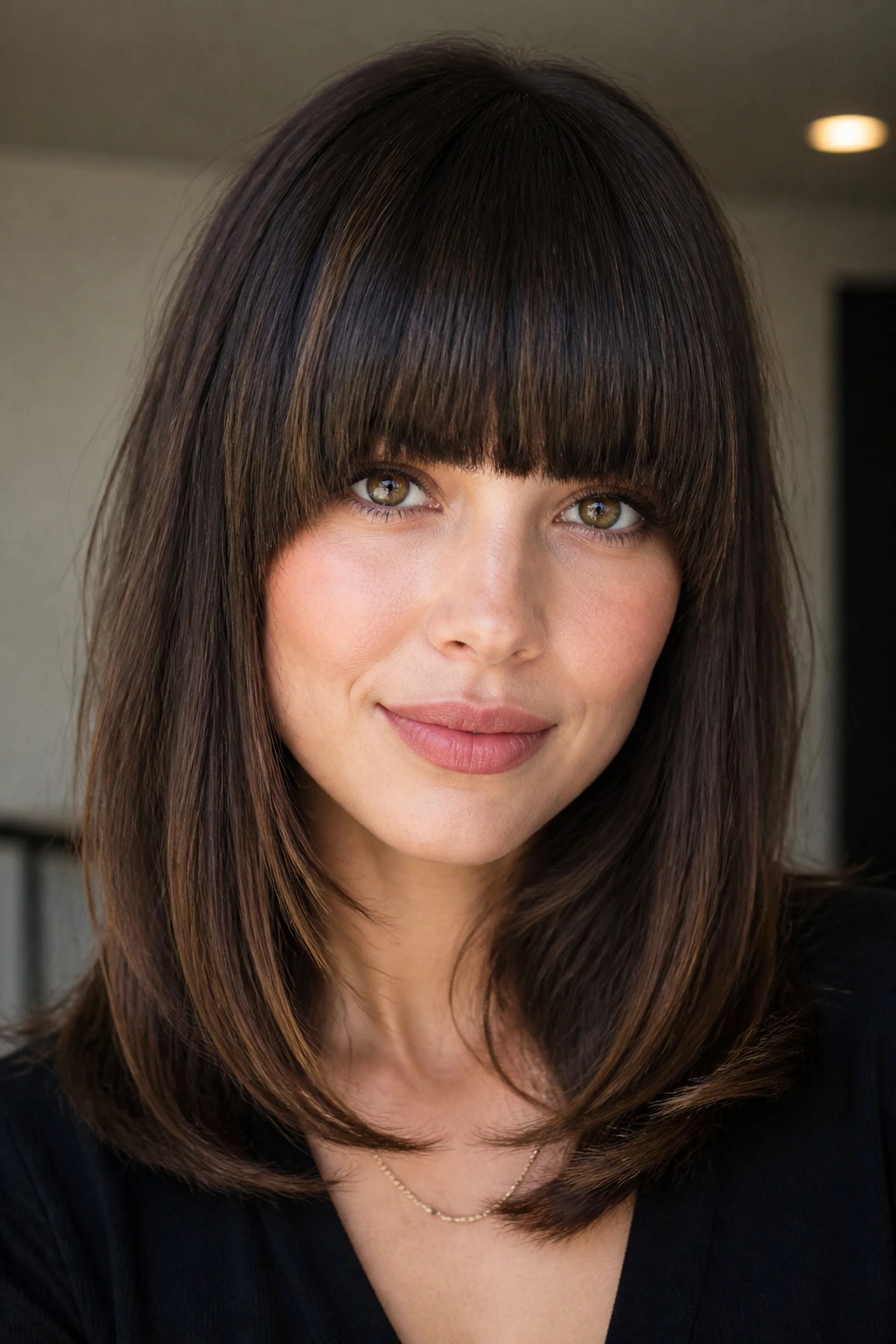 Close-up of a real person with thick blunt-cut long fringe across the forehead