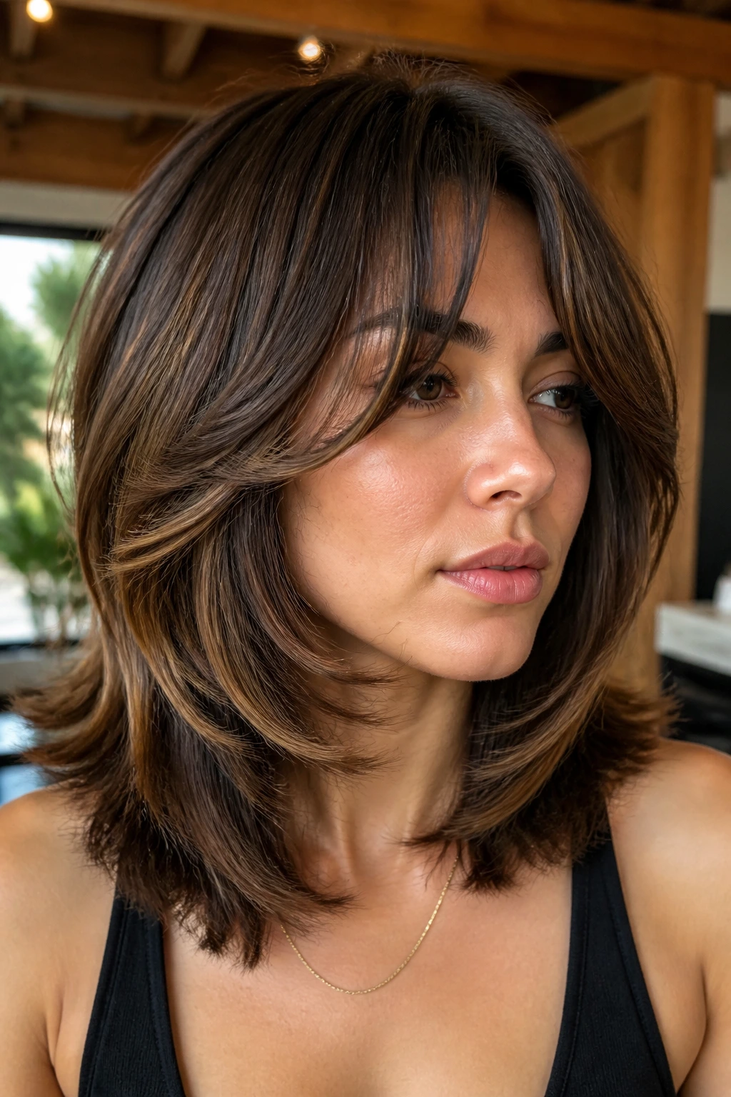 Close-up of a real woman with thick channeled layers framing the face