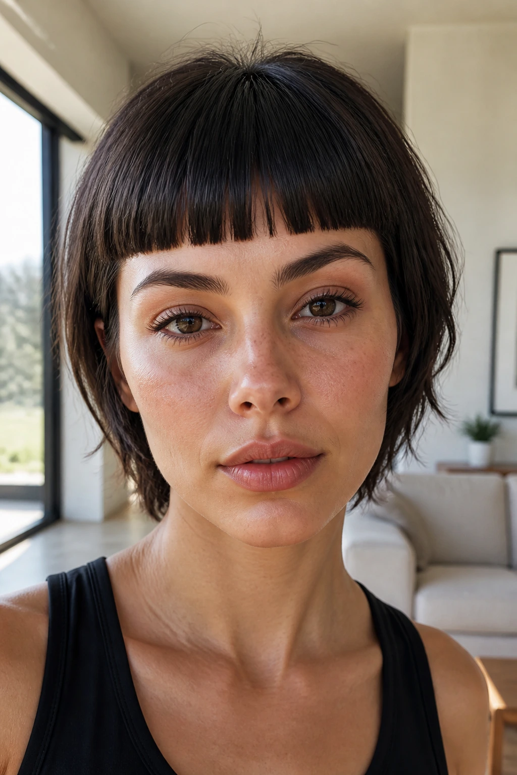 Close-up of a woman with a thick cropped fringe above the eyes