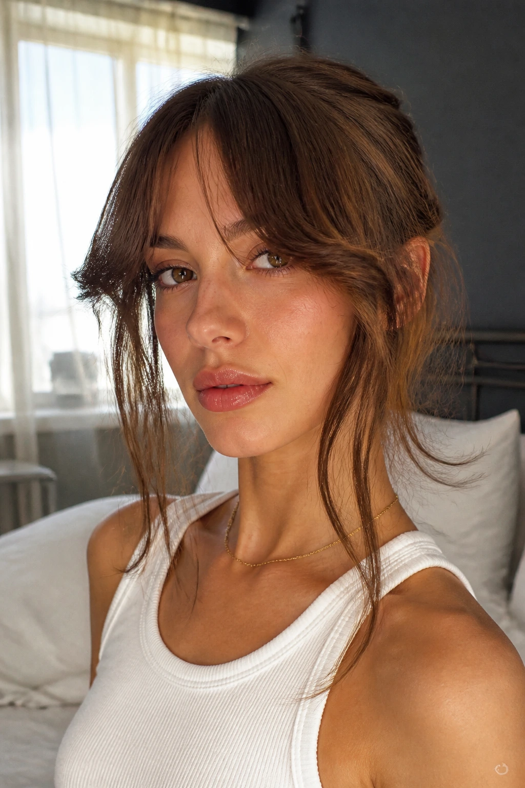 Close-up portrait of a real woman showing thick curtain bangs with face-framing tendrils in warm bedroom light
