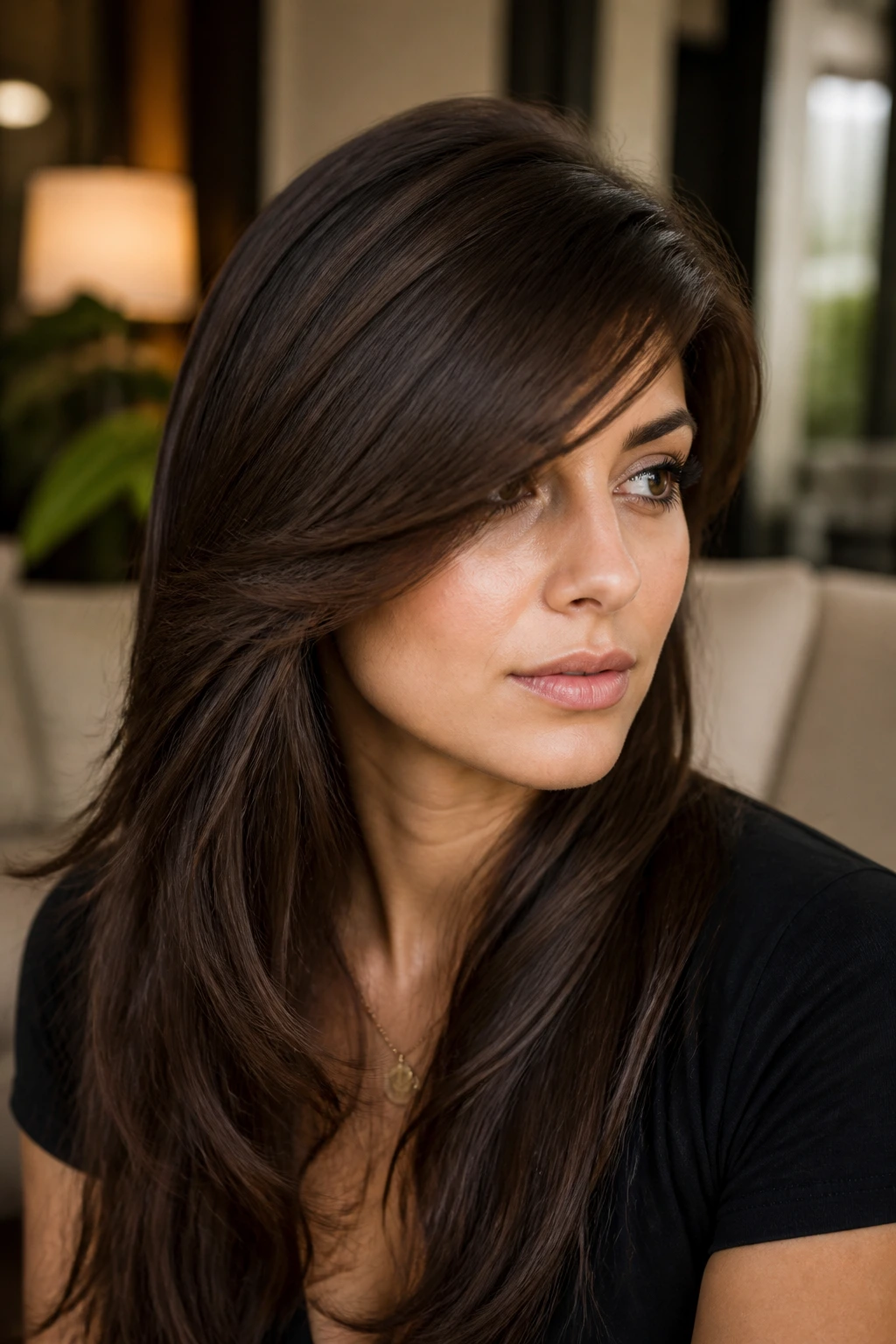 Portrait of a person with thick diagonal swoop bangs