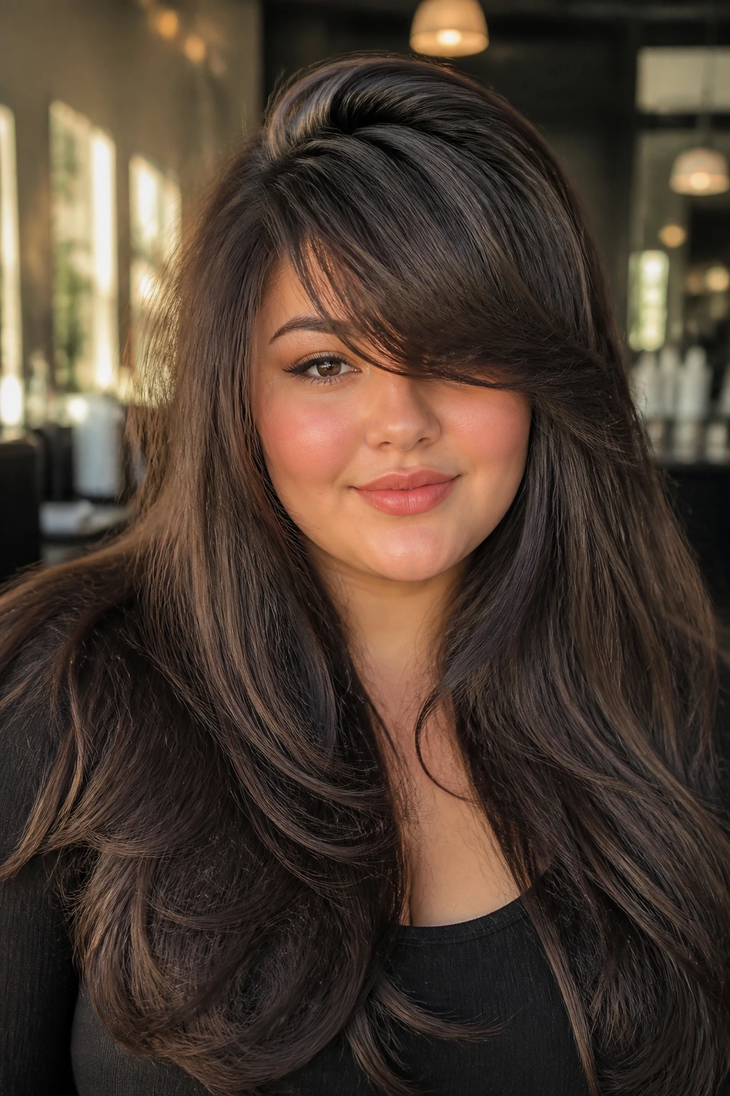 Portrait of a woman with thick side-swept fringe and a high-volume blowout in a salon