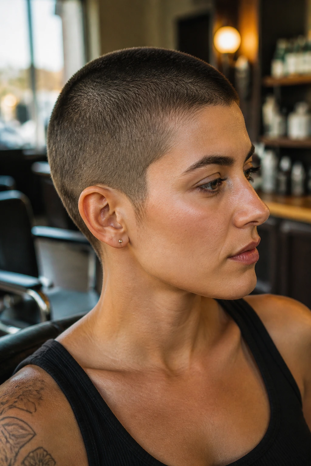 Close-up portrait of a real person with a thick buzz cut showing scalp shadow in a barber shop setting
