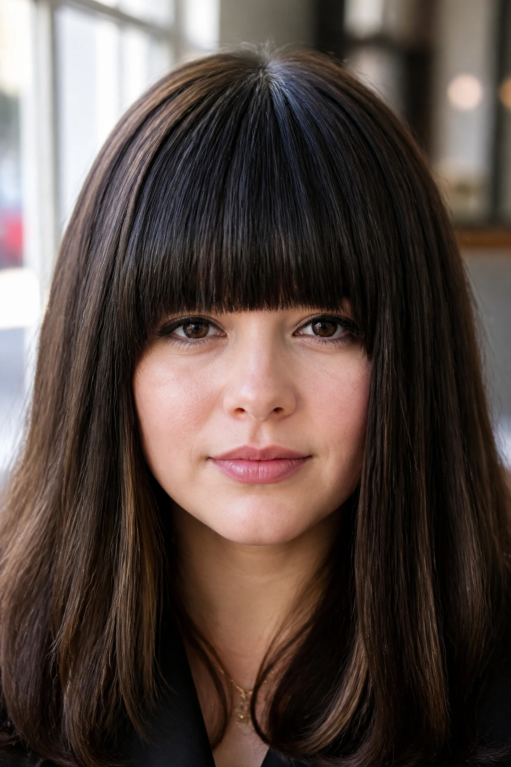Close-up of a real woman with thick hair and a straight fringe resting on the brow