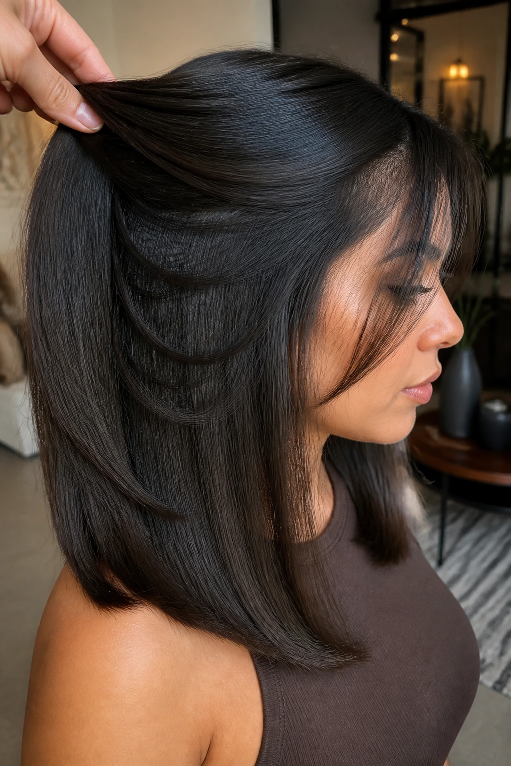 Close-up profile of a woman with thick hair showing hidden interior layers