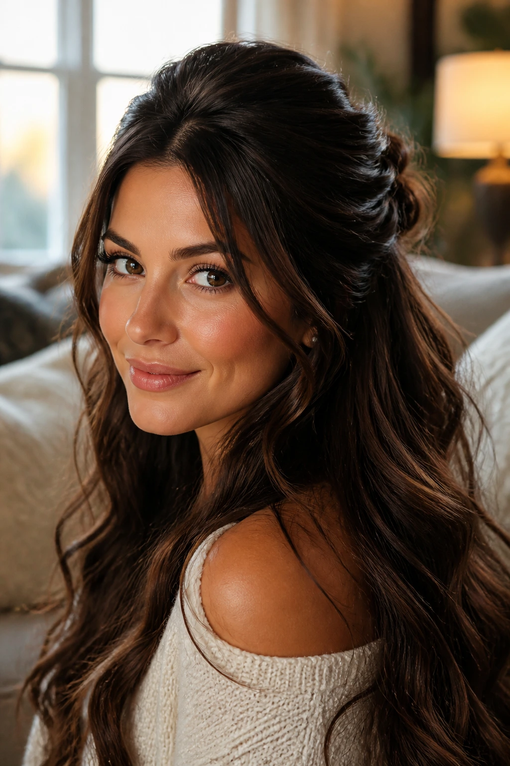 Close-up portrait of a real woman with thick hair in a loose half-up hairstyle in a cozy living room