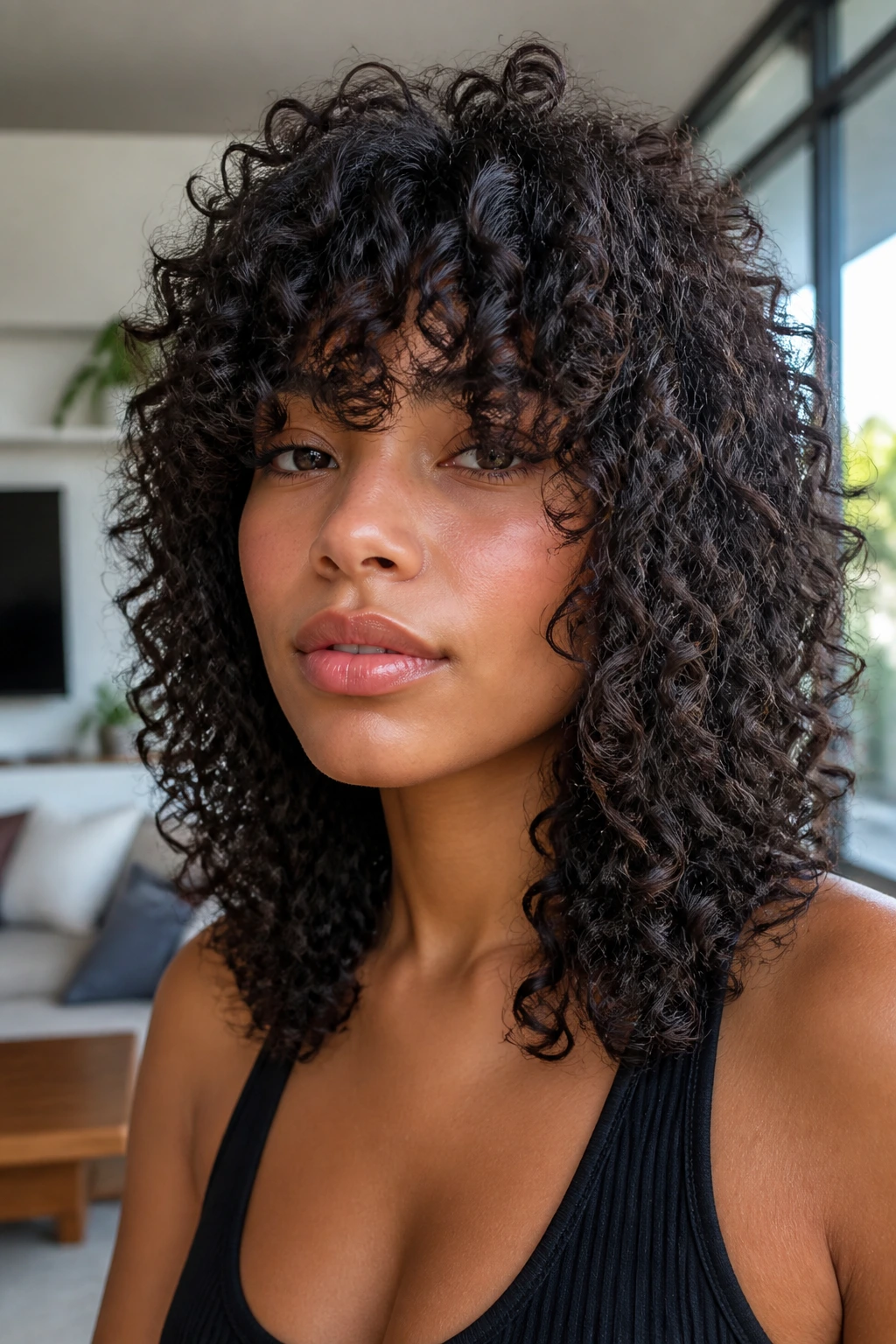 Close-up portrait of a real woman with dense ringlets and thick bangs forming a shaggy frame