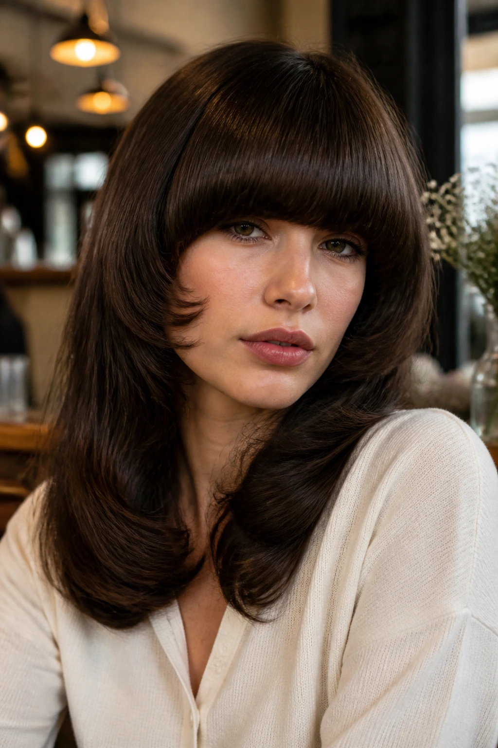Portrait of a woman with thick rounded pageboy bangs