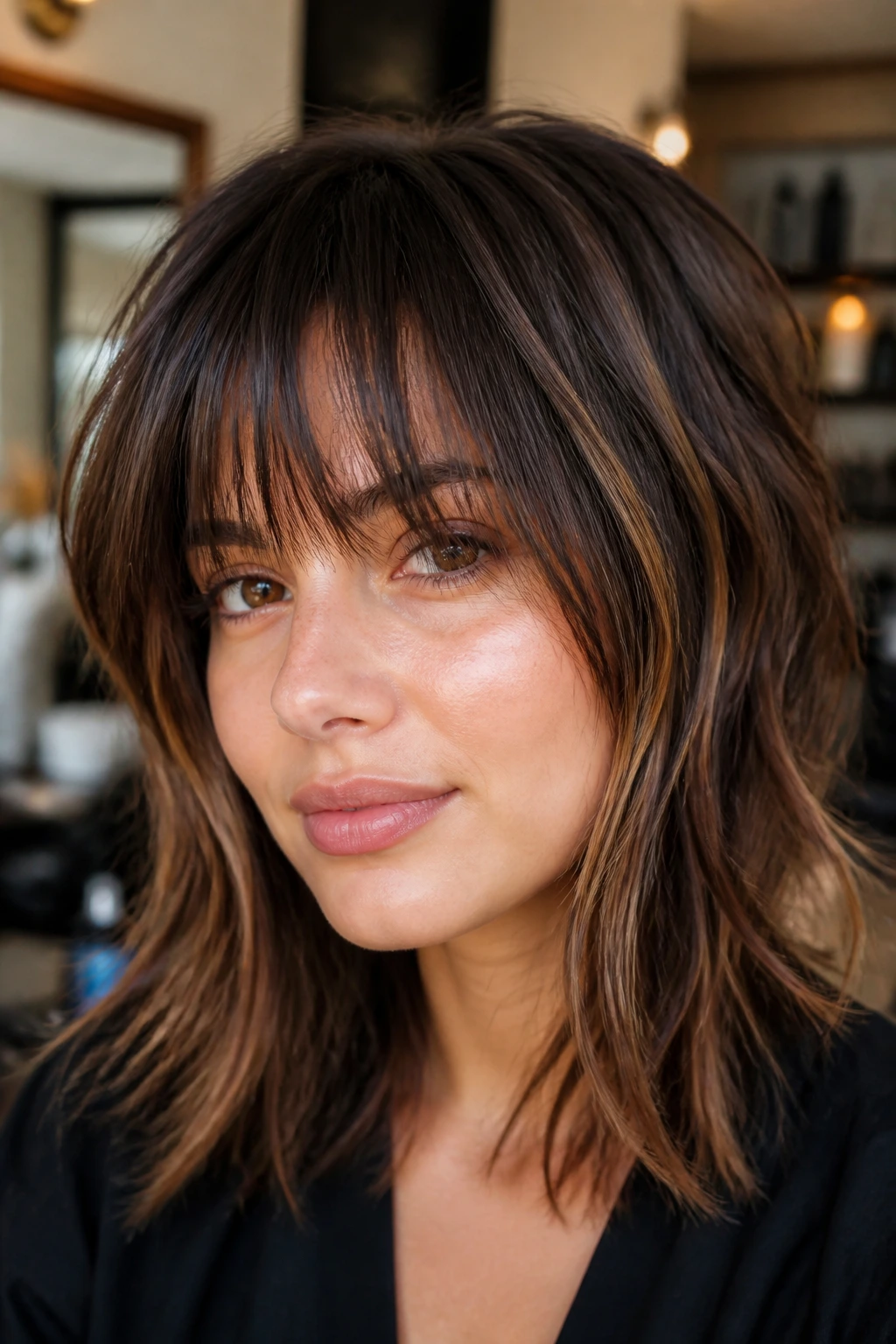 Close-up of a real woman showing thick textured piecey feathered bangs