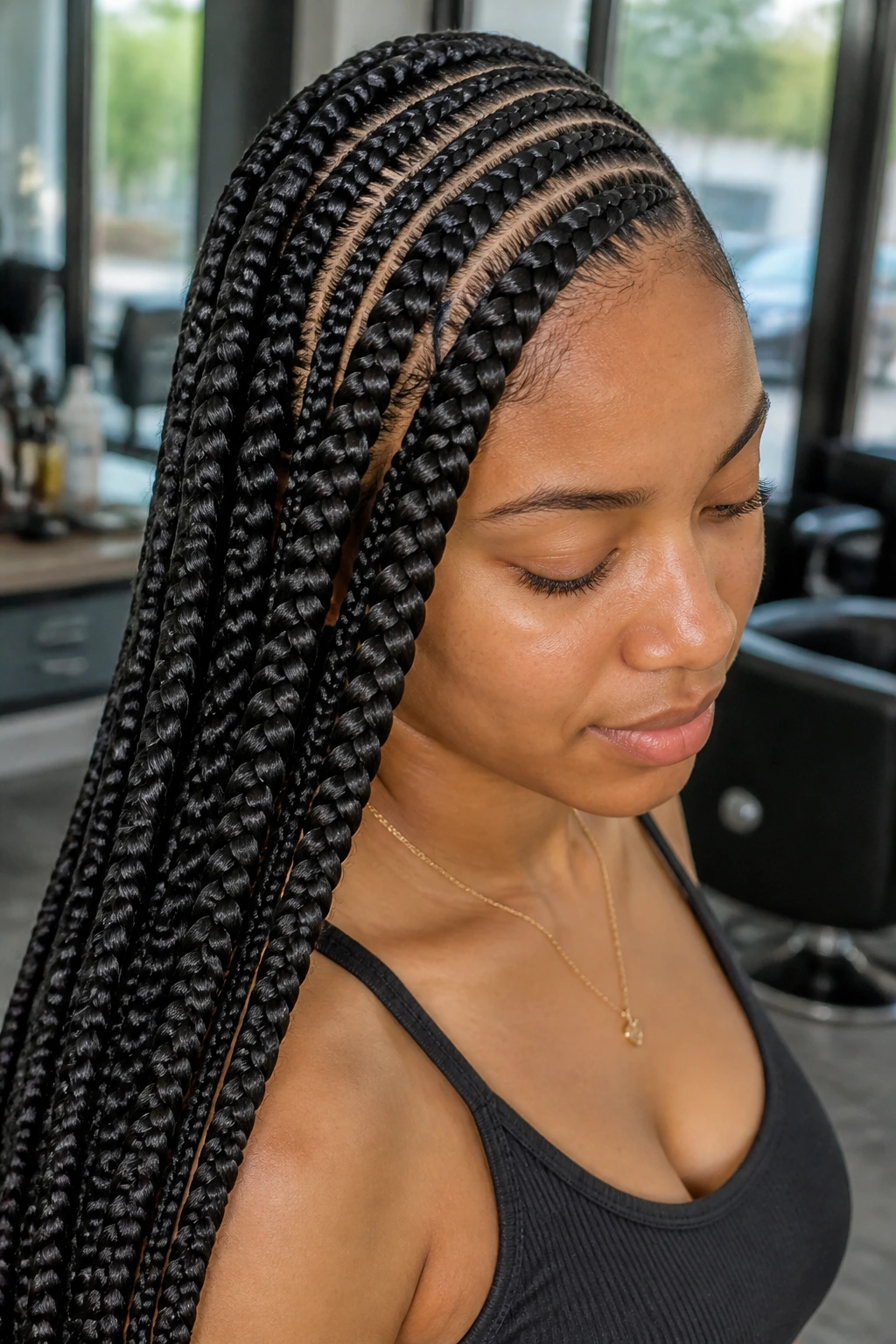 Close-up portrait of a real woman with thick and thin lemonade braids in a chic salon