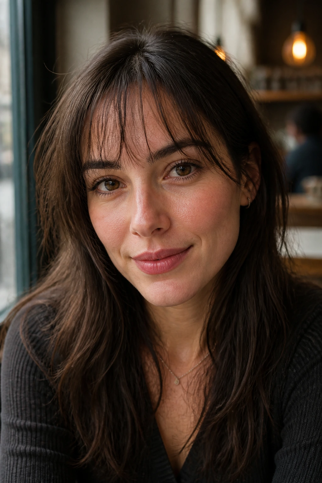 Close-up portrait of a real woman with thin sparsed-out bangs in warm cafe light