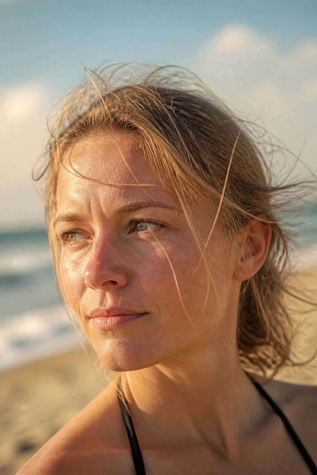 Close-up of a real woman with thin hair at the beach showing humidity and sea spray effects.