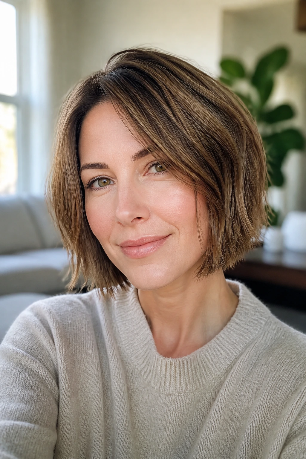 Close-up portrait of a real woman with a volume-boosting bob for fine hair