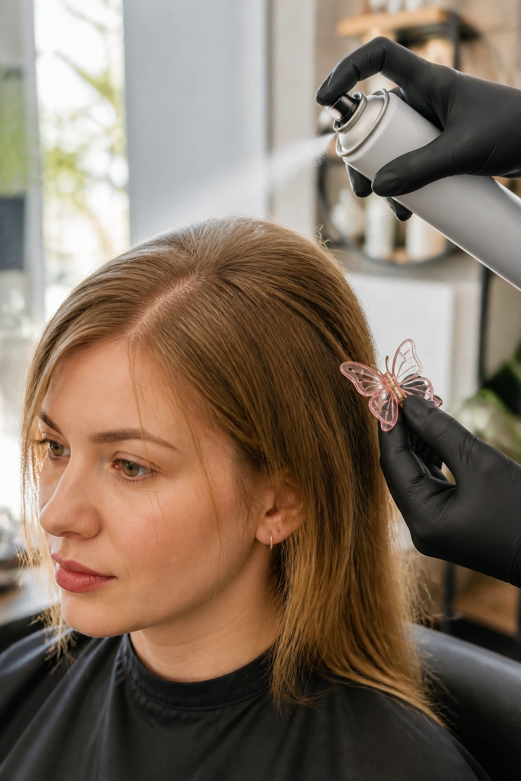 Close-up of a real person with thin hair being styled with lightweight product and butterfly clip in a modern salon